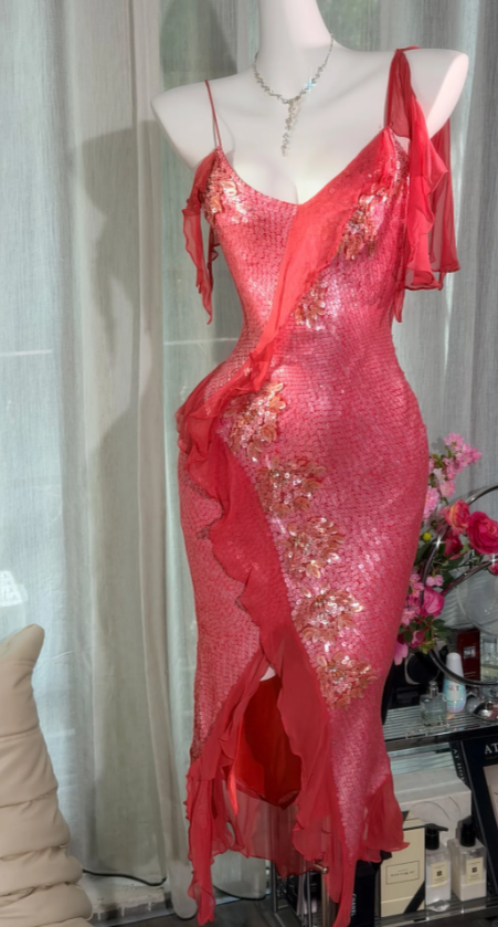 Vintage Red Formal Dress Spaghetti Straps Sheath Dress for Party Sequins Chiffon Evening Dress DP06173