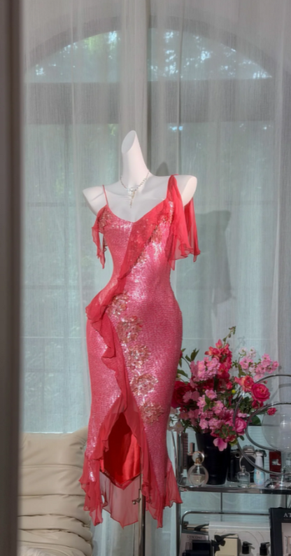 Vintage Red Formal Dress Spaghetti Straps Sheath Dress for Party Sequins Chiffon Evening Dress DP06173