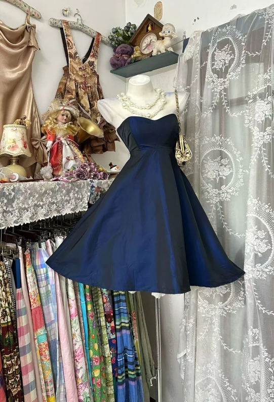 Cute Navy Blue Hoco Dress Satin A-line Dress for Party Strapless Birthday Dress DP06176