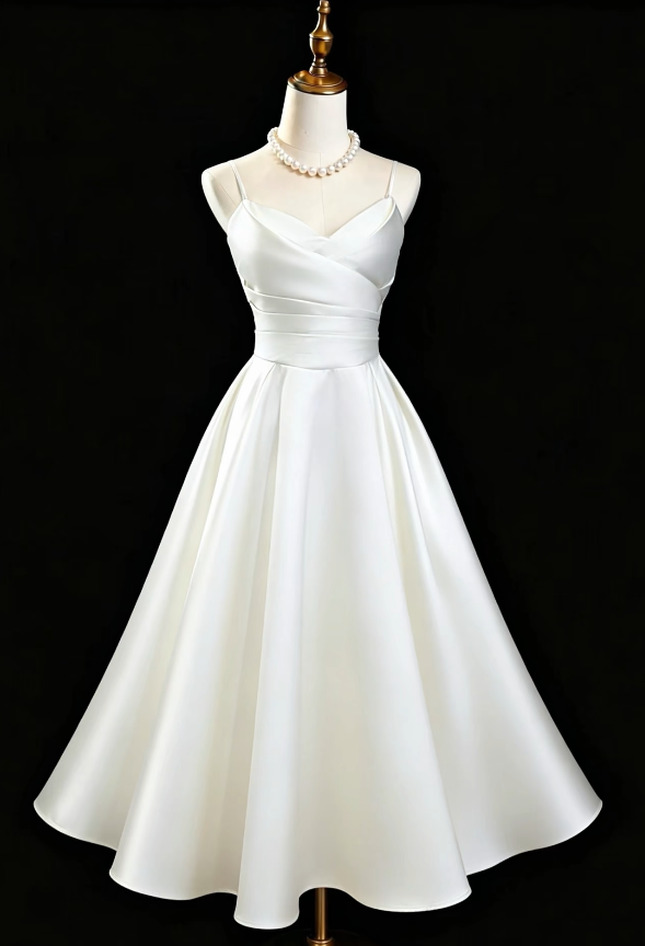 Simple White Birthday Dress Spaghetti Straps A-line Prom Dress Satin Formal Dress DP06177