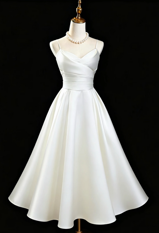 Simple White Birthday Dress Spaghetti Straps A-line Prom Dress Satin Formal Dress DP06177
