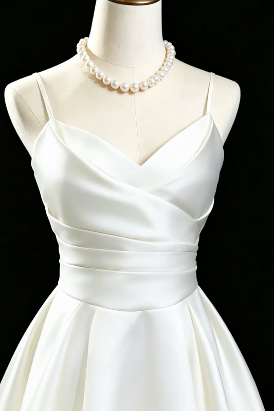 Simple White Birthday Dress Spaghetti Straps A-line Prom Dress Satin Formal Dress DP06177
