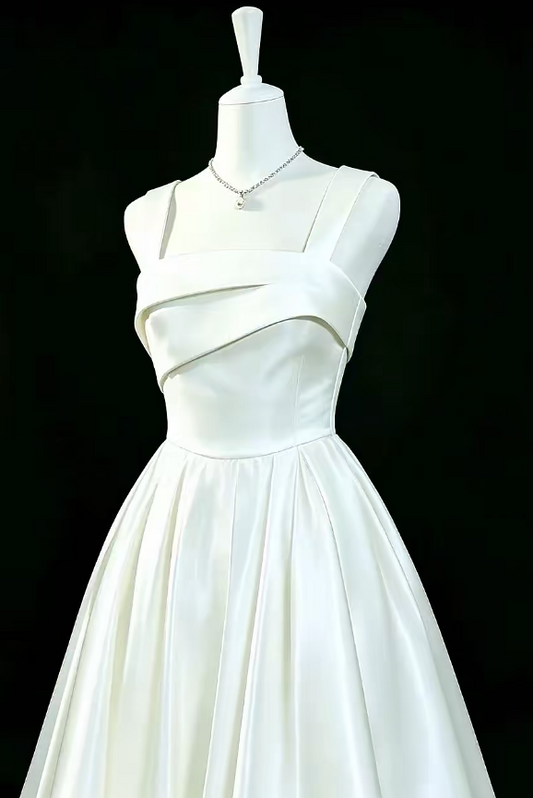 Simple White Birthday Dress Spaghetti Straps A-line Prom Dress Satin Formal Dress DP06178