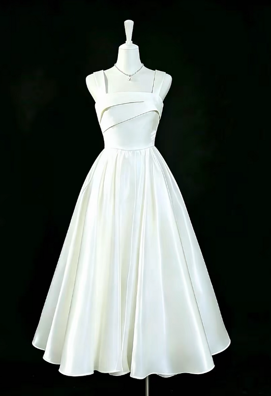Simple White Birthday Dress Spaghetti Straps A-line Prom Dress Satin Formal Dress DP06178