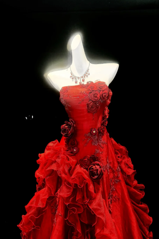 Fairy Red Prom Dress Strapless A-line Tulle Long Evening Dress DP06181