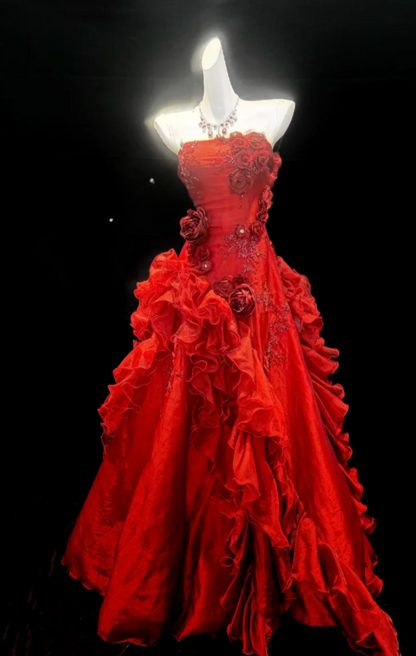 Fairy Red Prom Dress Strapless A-line Tulle Long Evening Dress DP06181