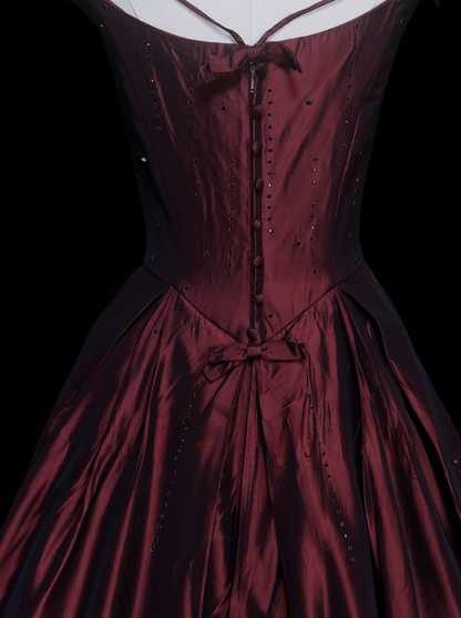 Chic Dark Red Prom Dress Spaghetti Straps A-line Satin Long Evening Dress DP06182
