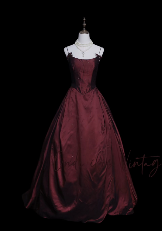 Chic Dark Red Prom Dress Spaghetti Straps A-line Satin Long Evening Dress DP06182