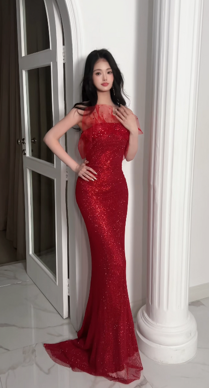 Chic Red Prom Dress Strapless Sheath Tulle Long Evening Dress DP06183