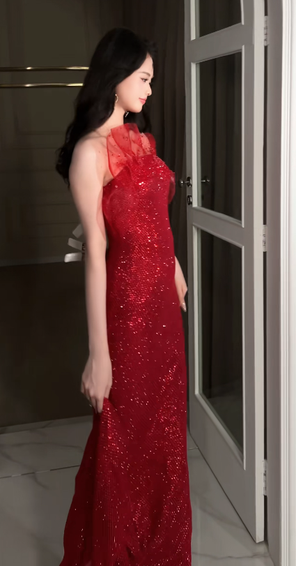 Chic Red Prom Dress Strapless Sheath Tulle Long Evening Dress DP06183