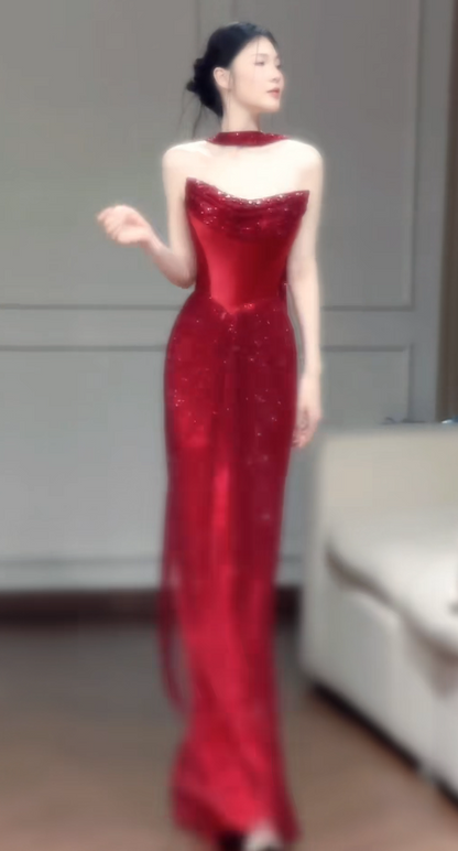Chic Red Prom Dress Strapless Sheath Tulle Long Evening Dress DP06184