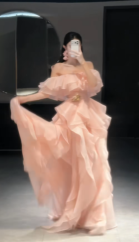 Chic Blush Pink Prom Dress Off-shoulder Sheath Chiffon Long Evening Dress DP06186