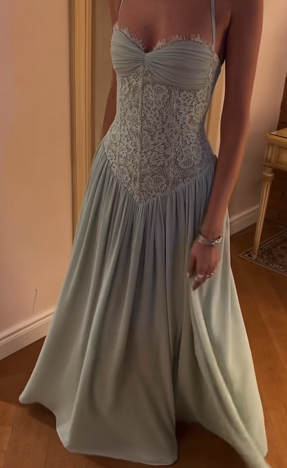 Chic Blue Prom Dress Halter Sheath Chiffon Long Evening Dress DP06188