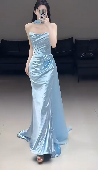 Chic Blue Prom Dress Strapless Sheath Satin Long Evening Dress DP06189
