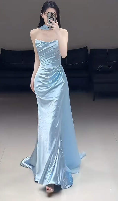 Chic Blue Prom Dress Strapless Sheath Satin Long Evening Dress DP06189