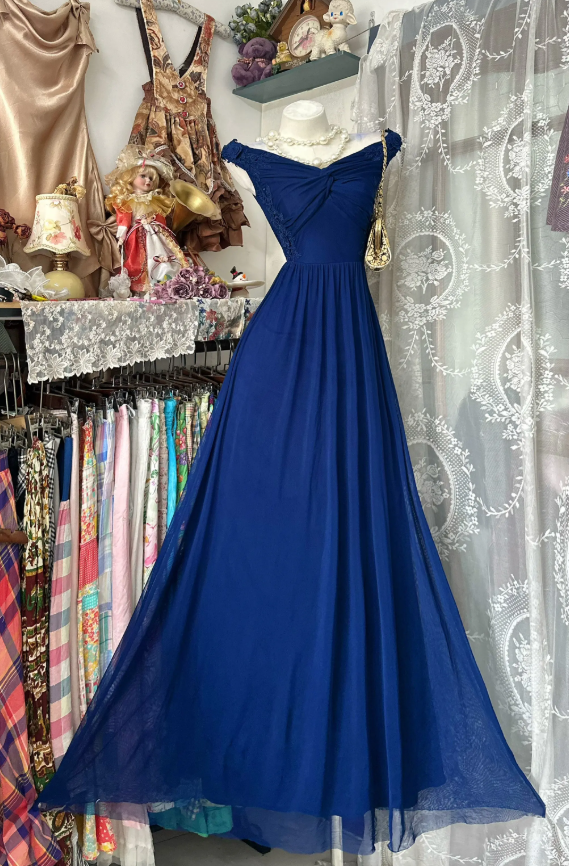 Chic Navy Blue Prom Dress V-neck Sheath Chiffon Long Evening Dress DP06190