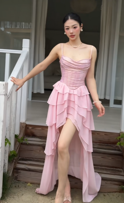 Glam Pink Birthday Dress Spaghetti Straps Sheath Party Dress Chiffon Hoco Dress DP06191