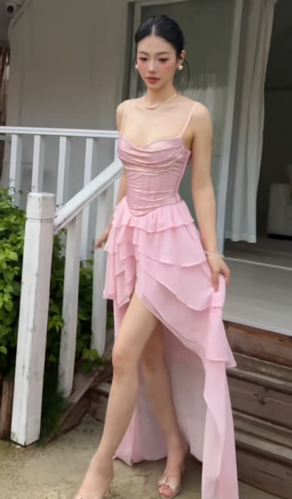 Glam Pink Birthday Dress Spaghetti Straps Sheath Party Dress Chiffon Hoco Dress DP06191