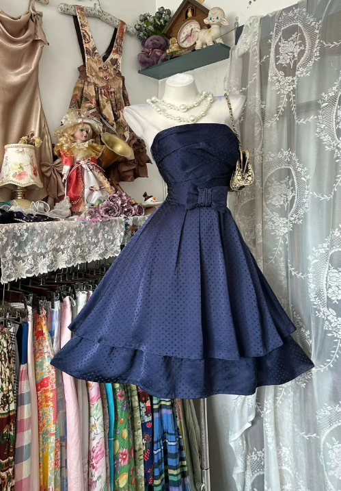 Glam Navy Blue Birthday Dress Strapless A-Line Party Dress Satin Hoco Dress DP06193