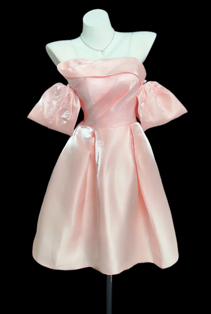 Glam Pink Birthday Dress Off-shoulder A-Line Party Dress Satin Hoco Dress DP06194