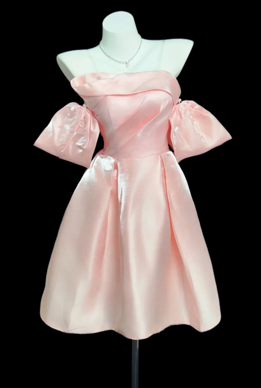 Glam Pink Birthday Dress Off-shoulder A-Line Party Dress Satin Hoco Dress DP06194
