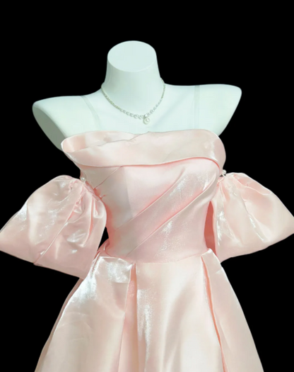 Glam Pink Birthday Dress Off-shoulder A-Line Party Dress Satin Hoco Dress DP06194