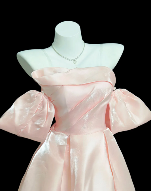 Glam Pink Birthday Dress Off-shoulder A-Line Party Dress Satin Hoco Dress DP06194