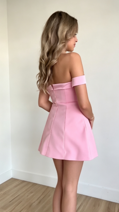 Glam Pink Birthday Dress Off-shoulder A-Line Party Dress Satin Hoco Dress DP06197