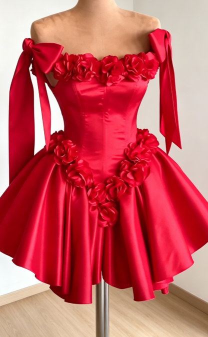 Glam Red Birthday Dress Off-shoulder A-Line Party Dress Satin Hoco Dress DP06199