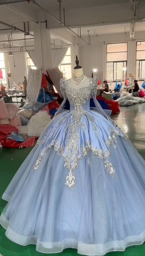 Fairy Tulle Ball Gown Quinceanera Dress Applique Blue Sweet 16 Dress DP06203