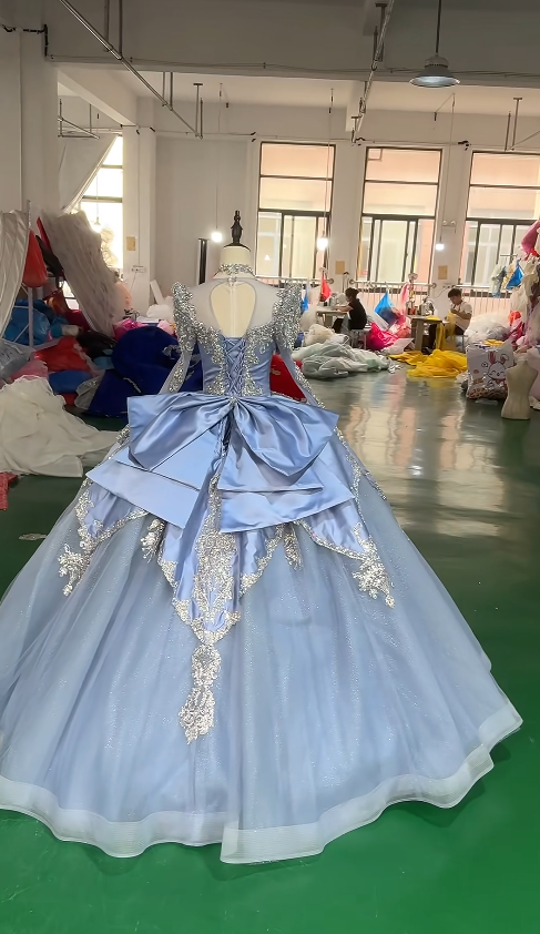 Fairy Tulle Ball Gown Quinceanera Dress Applique Blue Sweet 16 Dress DP06203