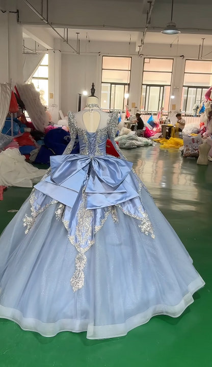 Fairy Tulle Ball Gown Quinceanera Dress Applique Blue Sweet 16 Dress DP06203