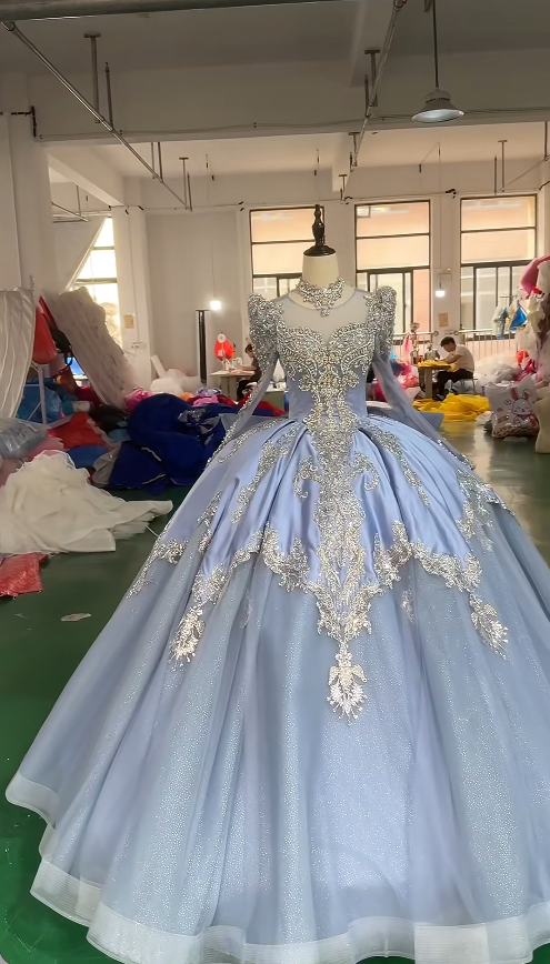 Fairy Tulle Ball Gown Quinceanera Dress Applique Blue Sweet 16 Dress DP06203