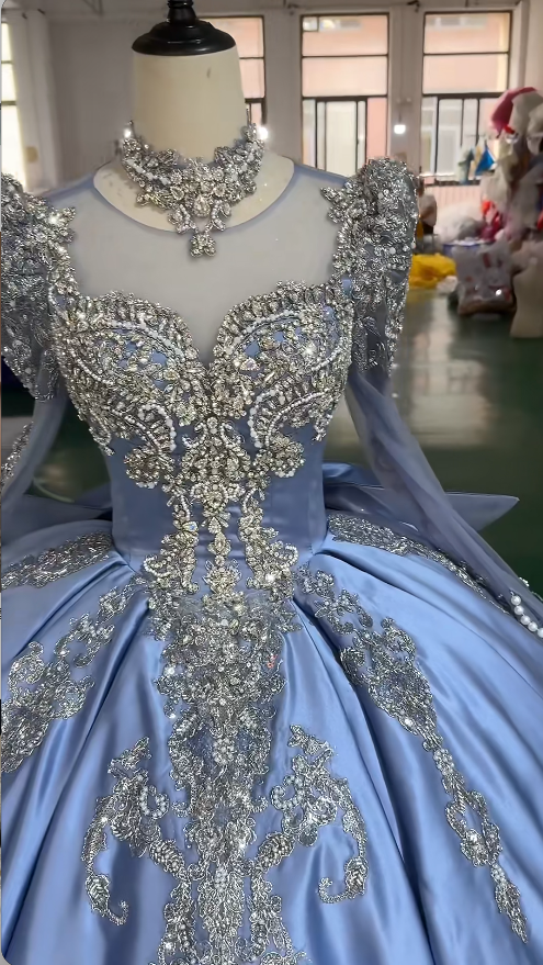 Fairy Tulle Ball Gown Quinceanera Dress Applique Blue Sweet 16 Dress DP06203
