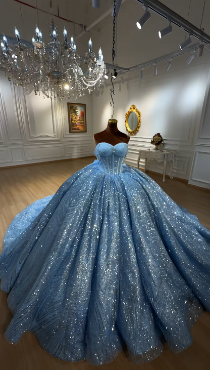 Fairy Off-shoulder Tulle Ball Gown Quinceanera Dress Seuqins Blue Sweet 16 Dress DP06204