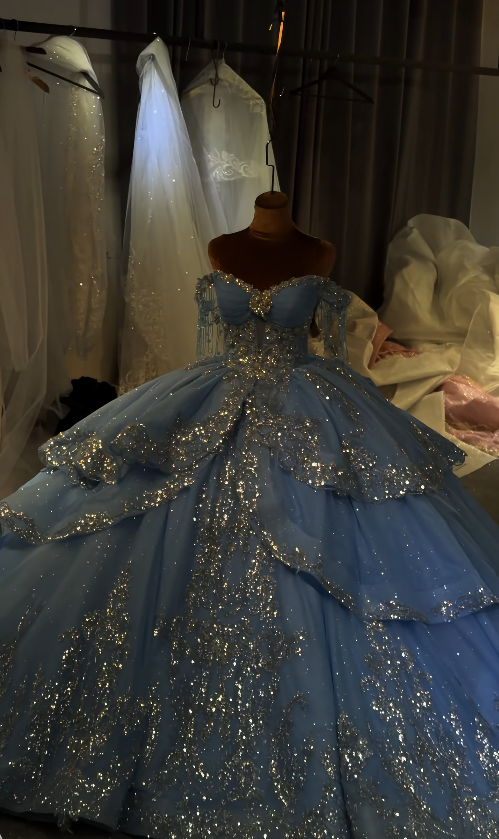 Fairy Off-shoulder Tulle Ball Gown Quinceanera Dress Beaded Blue Sweet 16 Dress DP06205
