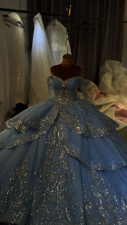 Fairy Off-shoulder Tulle Ball Gown Quinceanera Dress Beaded Blue Sweet 16 Dress DP06205