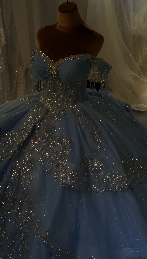 Fairy Off-shoulder Tulle Ball Gown Quinceanera Dress Beaded Blue Sweet 16 Dress DP06205