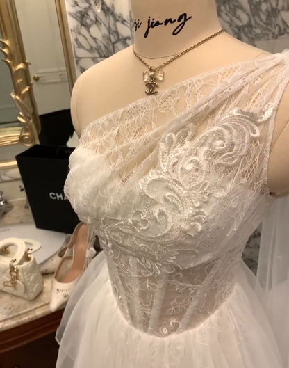 Cute White Birthday Dress One-shoulder Tulle Dress for Party A-Line Hoco Dress DP06206