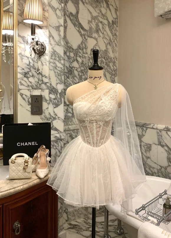 Cute White Birthday Dress One-shoulder Tulle Dress for Party A-Line Hoco Dress DP06206