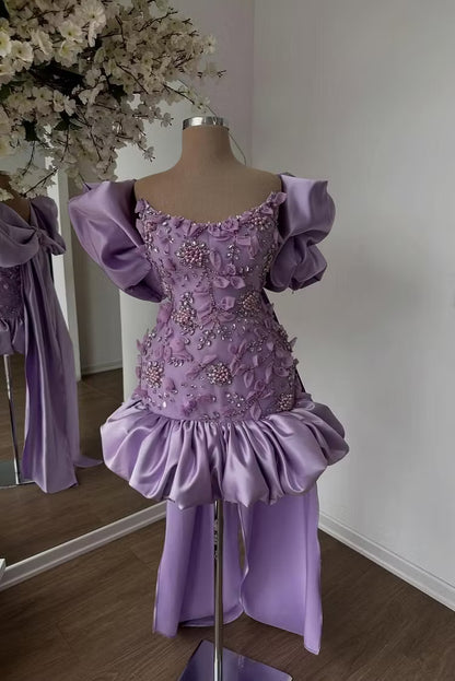 Cute Purple Birthday Dress Sheath Hoco Dresss Sweetheart Satin Appliques Dress for Party DP06208