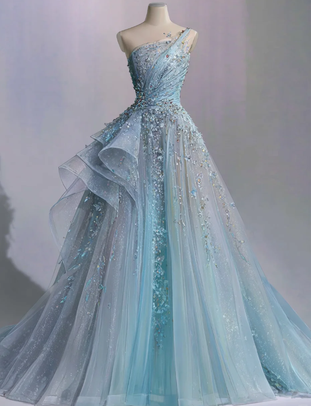 Chic Blue Prom Dress One-shoulder A-Line Tulle Long Evening Dress DP06211
