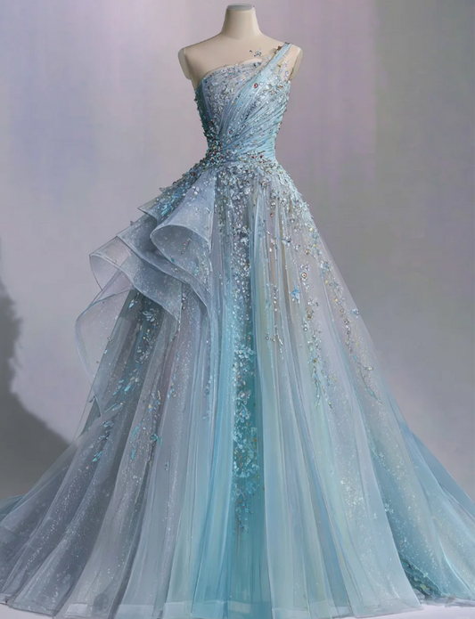 Chic Blue Prom Dress One-shoulder A-Line Tulle Long Evening Dress DP06211