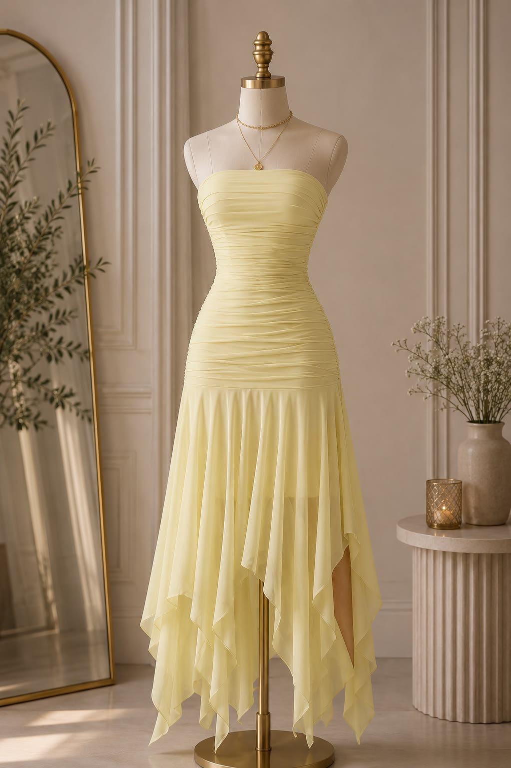 Chic Yellow Prom Dress Strapless Sheath Chiffon Long Evening Dress DP06212