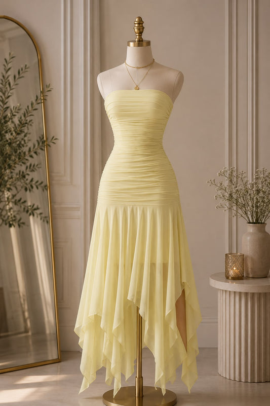 Chic Yellow Prom Dress Strapless Sheath Chiffon Long Evening Dress DP06212
