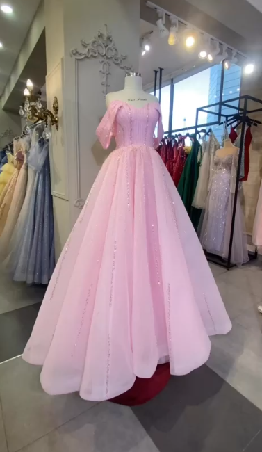 Chic Pink Prom Dress Off-shoulder A-Line Tulle Long Evening Dress DP06212