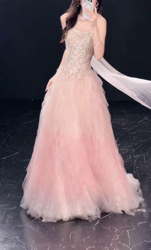 Chic Pink Prom Dress Strapless A-line Beaded Tulle Long Evening Dress DP06214