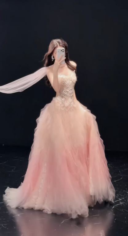 Chic Pink Prom Dress Strapless A-line Beaded Tulle Long Evening Dress DP06214