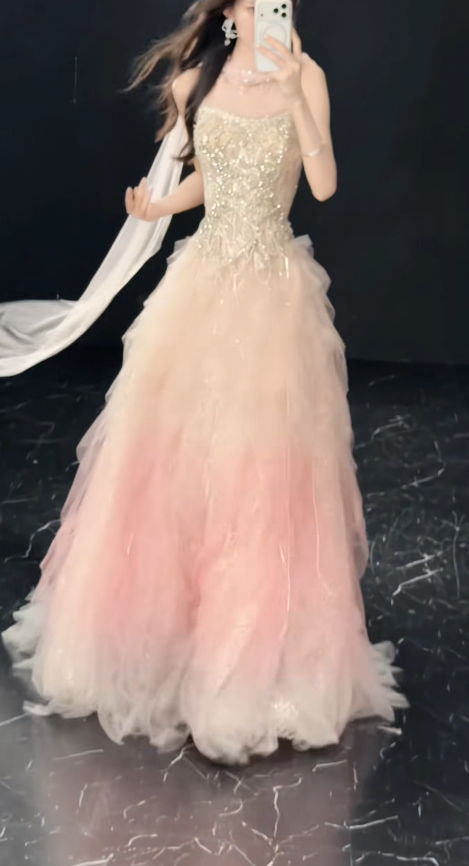 Chic Pink Prom Dress Strapless A-line Beaded Tulle Long Evening Dress DP06214