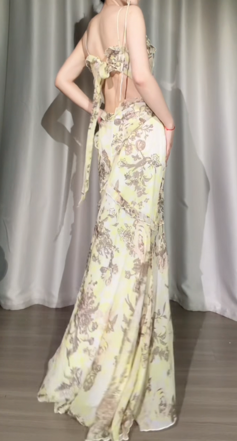 Chic Yellow Prom Dress Straps Sheath Floral Chiffon Long Evening Dress DP06216